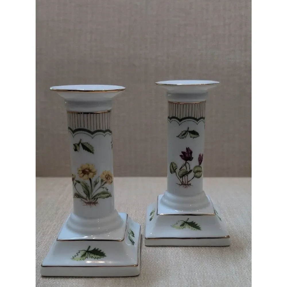 Porcelain Floral Candle Holders - White with Green and Floral Accents